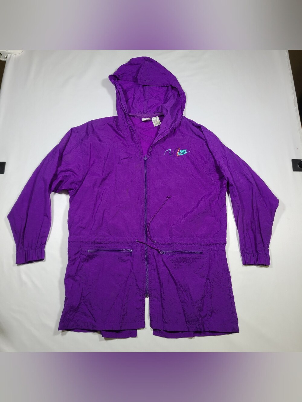 E1 Vtg Nike Windbreaker Jacket Sz Medium Womens Purple Hood Mid Length 90’s